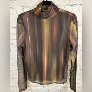 Bailey/44 Long-sleeve High-neck Vertical Gradient Striped Semi Sheer Mesh Top L